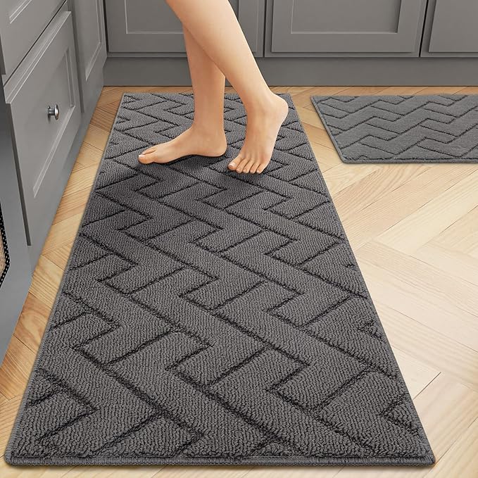 hicorfe Kitchen Runner Rugs and Mats Sets,2 Pieces Absorbent Non-Slip Kitchen Rug,Comfort Kitchen Mat for Floor,Washable for Kitchen,Hallway,Office,Sink,Laundry(20"x59"+20"x32",Grey)