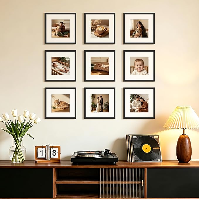 upsimples 12x12 Picture Frame Set of 5, Display Pictures 8x8 with Mat or 12x12 Without, Wall Gallery Poster Frames, Black