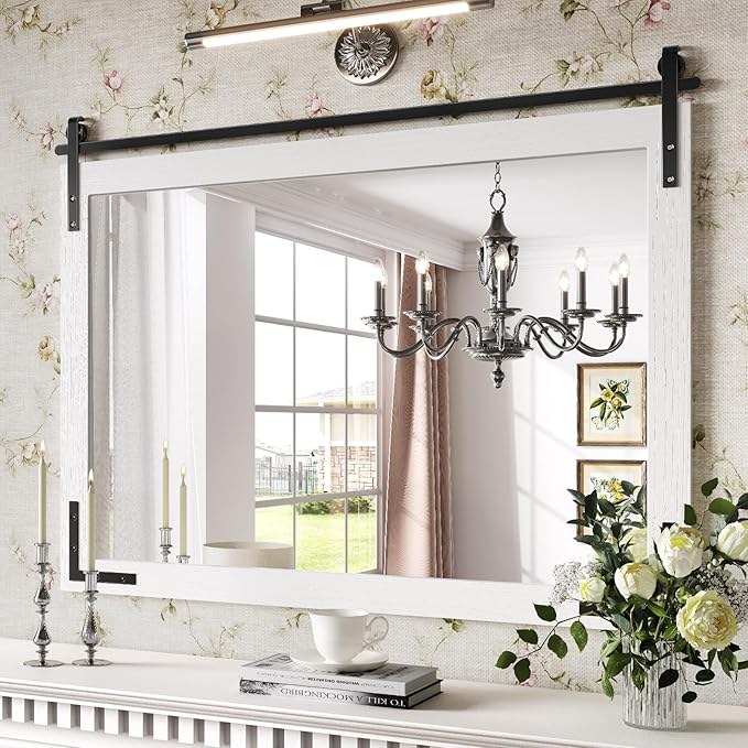 Farmhouse Mirror for Bathroom 40x30 Inch, White Wood Framed Rustic Mirror, Rectangle Wall Decorative Mirrors for Entryway, Living Room, Bedroom