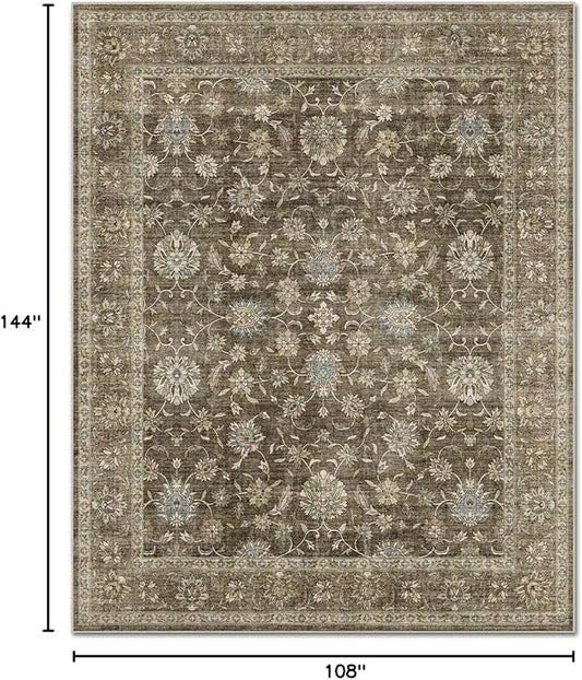 Washable 9x12 Area Rugs for Living Room, Boho Non-Slip Vintage Distress Lager Rugs for Bedroom Dining Room Nursery Office, 0.3" Neutral Oriental Throw Thin Carpet, Tan/Flaxen/Multi, E2