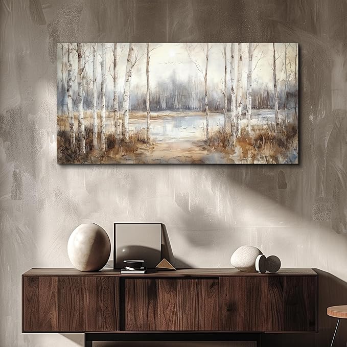 QIYILEXWART Canvas Wall Art For Living Room Large Wall Decor For Office Bedroom Decorations By The Lake Pictures Birch Forest Painting Stretched And Framed Artwork Room Ready To Hang