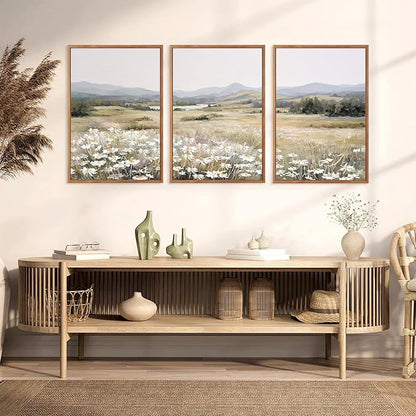 KAIRNE Landscape Canvas Wall Art,Boho Floral Prints Set of 3(16”X24”),Flower Garden Paintings,Wildflower Field Scene Wall Decor,Botanical Art for Living Room Bedroom Kitchen Farmhouse Decor,Framed