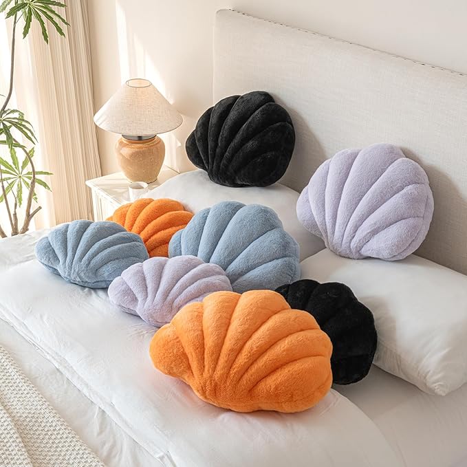 Shell Pillow, Seashell Throw Pillow with Soft Rabbit Plush for Couch Bed, Shell Shaped Decorative Ocean Pillow Stylish Beach Cushion Room Aesthetic Home Decor (Orange, 14 X 11 Inches)