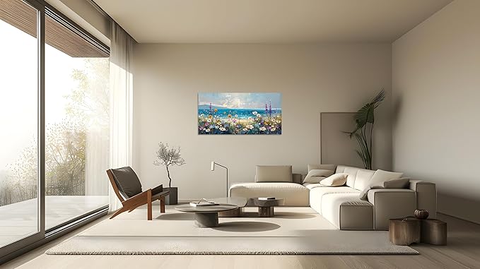 TutuBeer 1 Pcs Boho Beach Coastal Vintage Floral Wall Picture Rustic Wildflower Field Vintage Wall Art Canvas Prints Daisy Flowers Sea Canvas Print Farmhouse Wall Art for Home Wall Decor 8x16inch