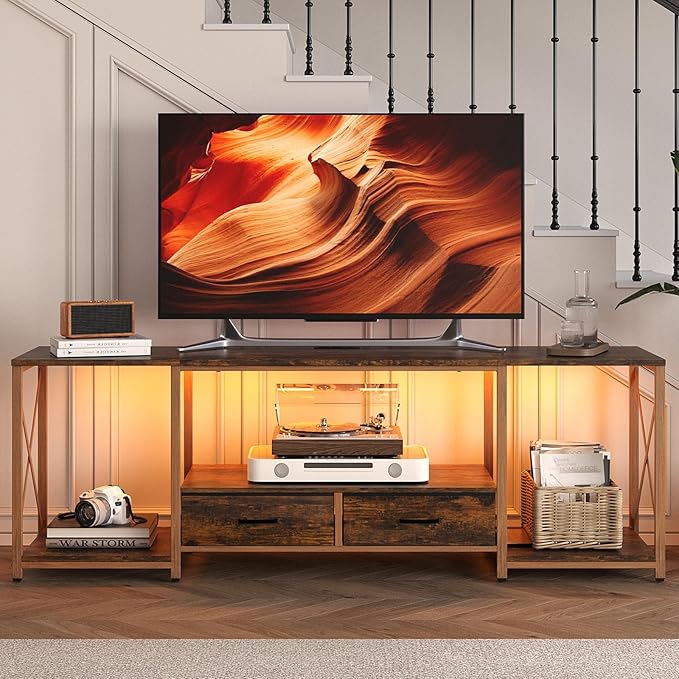 LED TV Stand with 2 Fabric Drawer - 63" Industrial TV Console Table with Open Storage Shelves for Living Room,Bedroom, Entertainment Center TV Stands for 65-75" TV - Rustic Brown Steel Frame