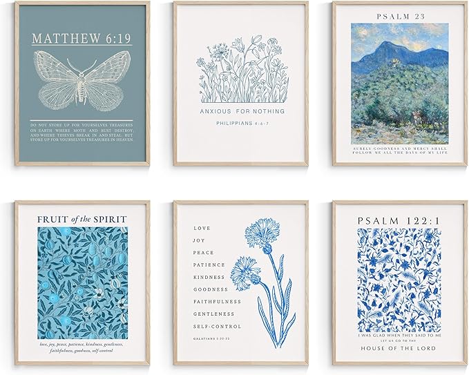 Habseligkeit Blue Butterfly Wall Art Prints, Retro Flower Wall Decors for Room Aesthtic, Abstract Posters for Girls Bedroom Decor Aesthetic Unframed, 8X10in, Set of 6