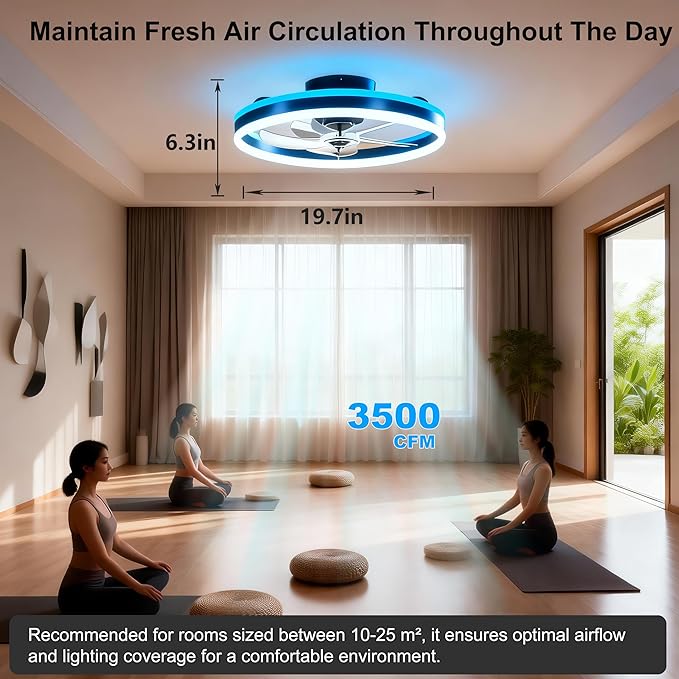 RGBCW Ceiling Fan with Light, 20" Flush Mount Low Profile Smart Fan Light with App & Remote Control, 6 Speeds Reversible, 3CCT Dimmable LED Bladeless Fandelier Quiet DC Motor for Bedroom Living Room