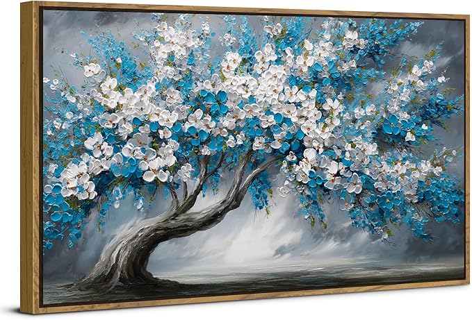 Abstract White Daisy Flower Framed Wall Art Colorful Tree Wall Decor Nature Navy Blue Botanical Painting Rustic Farmhouse Pictures Posters Modern Artwork for Bedroom Living Room Decorations 30x57.8