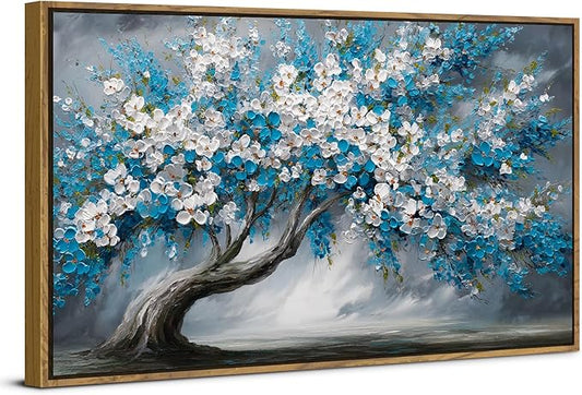 Abstract White Daisy Flower Framed Wall Art Colorful Tree Wall Decor Nature Navy Blue Botanical Painting Rustic Farmhouse Pictures Posters Modern Artwork for Bedroom Living Room Decorations 30x57.8