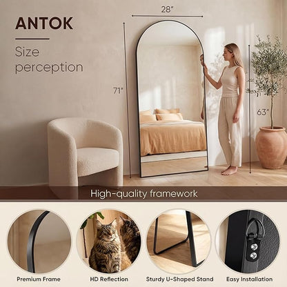 Antok 71" x28” Arched Full Length Floor Mirror, Black Aluminum Frame, Free Standing/Wall Mount/Leaning for Bedroom, Living Room, Dressing Room