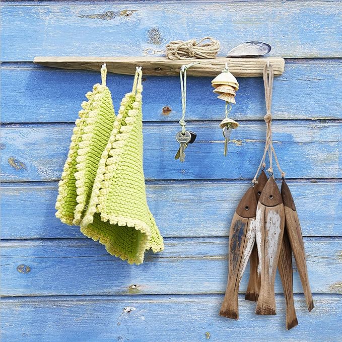 Wooden Fish Decor Hanging Wood Decorations for Wall, Rustic Nautical Beach Theme Fish Sculpture Home Decor for Bathroom Bedroom Lake House Decoration