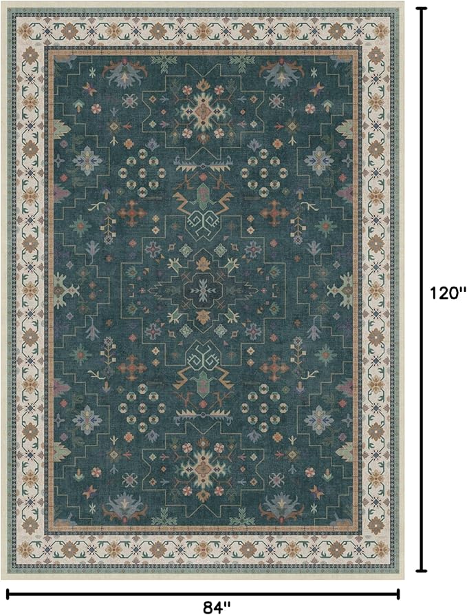 Hazo Haus Dark Green Vintage 7x10 Washable Rugs for Living Room - Dark Academia Victorian Floral Geometric Bedroom Rug, Ultra Soft Thin Low Pile Non-Slip Large Rugs for Lounge