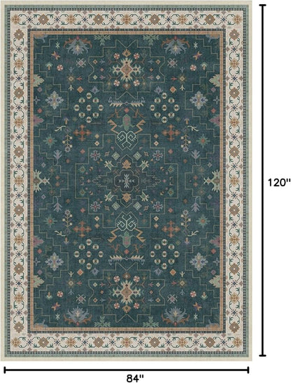 Hazo Haus Dark Green Vintage 7x10 Washable Rugs for Living Room - Dark Academia Victorian Floral Geometric Bedroom Rug, Ultra Soft Thin Low Pile Non-Slip Large Rugs for Lounge