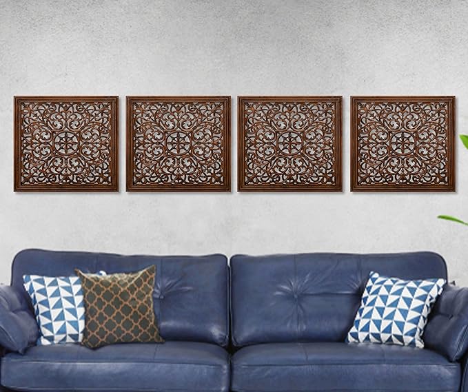 The Wooden Town Kashmiri Wall Decor – Set of 4 (16x16 Inch) | Handcrafted Wooden Wall Panels & Hanging Plaques for Living Room, Home & Office | Burnt Finish Decorative Art for Walls