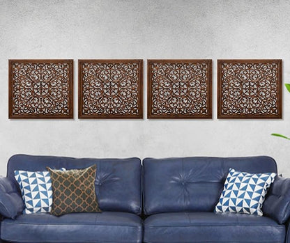 The Wooden Town Kashmiri Wall Decor – Set of 4 (16x16 Inch) | Handcrafted Wooden Wall Panels & Hanging Plaques for Living Room, Home & Office | Burnt Finish Decorative Art for Walls