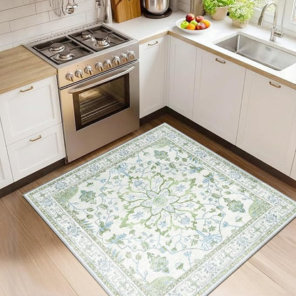 RELEANY Area Rugs Square 4ft Washable Non-Slip, Floral Vintage Distress Print Pattern Medallion Carpet for Living Room Bedroom Dining Room, Green White Blue