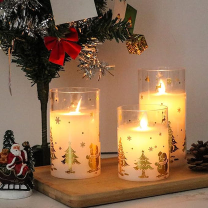 Christmas Battery Operated Flameless Candles Flickering Remote and Timer Glass LED Pillar Candles Moving Wick Real Wax Gold Snowman Christmas Tree Decals Holiday Decor D3 x H4, 5", 6"