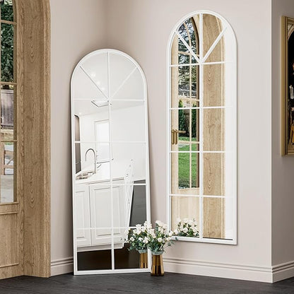OGCAU Full Length Arched Floor Mirror, 65"x22" Window Pane Design, Decorative Hanging or Leaning, Full Body with Iron Frame for Bedroom Living Room (White)