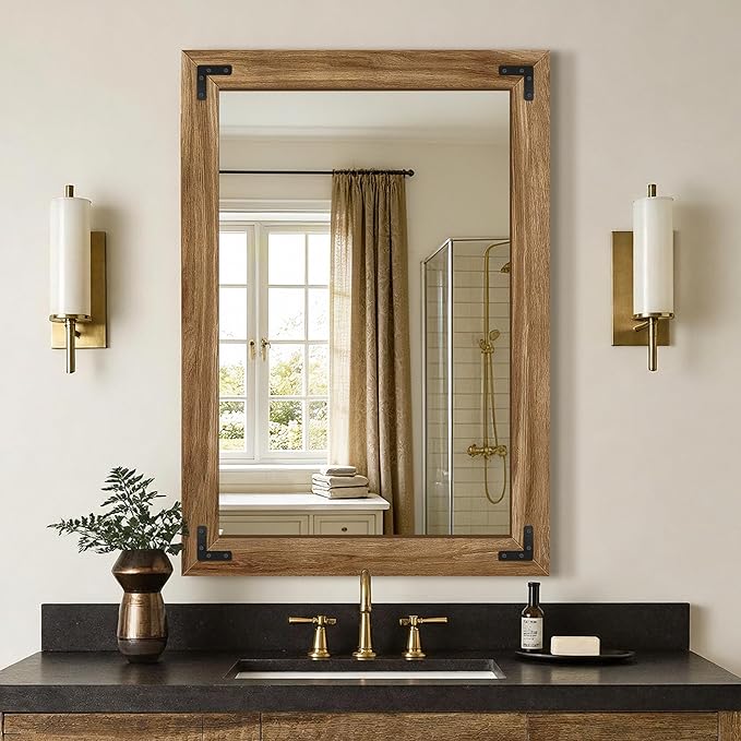AMOISE Farmhouse Bathroom Vanity Mirror, 40" x 28" Wood Frame Wall Mirror, Vintage Rustic Decor for Entryway, Bedroom, Living Room, Vertical or Horizontal Hanging