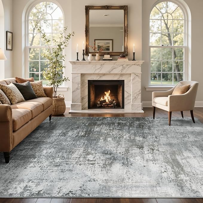 9x12 Ft Extra Large Washable Area Rugs for Living Room, Soft Non-Slip Modern Abstract Pattern Carpet for Bedroom Indoor Floor Nursery Home Decor (Grey)