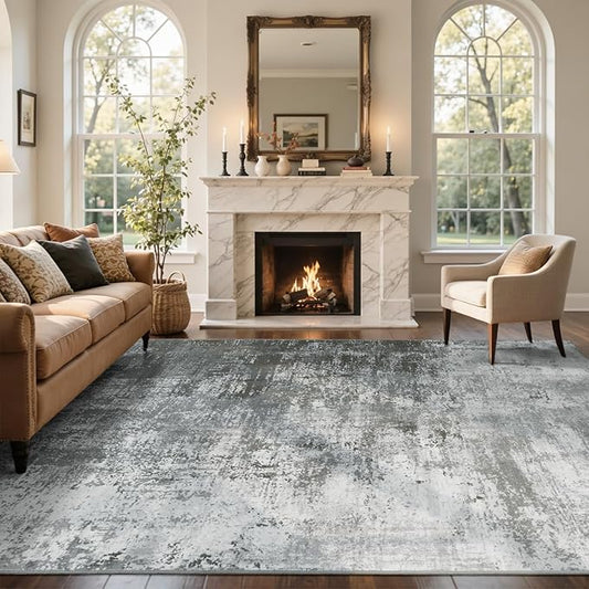 9x12 Ft Extra Large Washable Area Rugs for Living Room, Soft Non-Slip Modern Abstract Pattern Carpet for Bedroom Indoor Floor Nursery Home Decor (Grey)