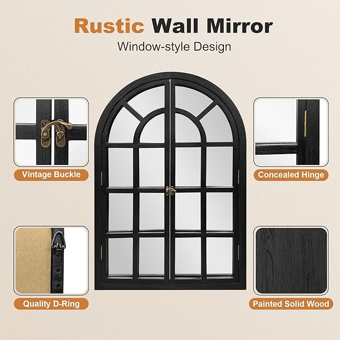 TRAHOME Arched Windowpane Mirror, 28"x40" Black Wood Frame Rustic Farmhouse Wall Mirror, Vintage Decorative Window Mirror for Living Room, Entryway, Bathroom