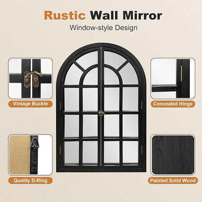 TRAHOME Arched Windowpane Mirror, 28"x40" Black Wood Frame Rustic Farmhouse Wall Mirror, Vintage Decorative Window Mirror for Living Room, Entryway, Bathroom