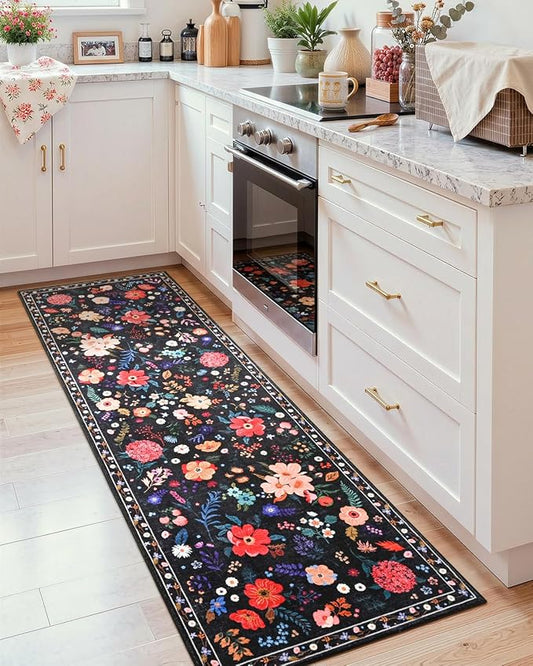 Macgace 2.5x8 Floral Runner Rug, Flowers Printed Washable Rugs with Non Slip Backing for Girls Bedroom Kitchen Hallway,Cute Carpet Runners Home Aesthetic Decor, Black