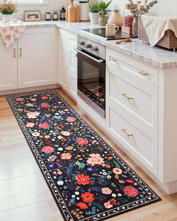 Macgace 2x6 Floral Runner Rug, Flowers Printed Washable Rugs with Non Slip Backing for Girls Bedroom Kitchen Hallway,Cute Carpet Runners Home Aesthetic Decor, Black