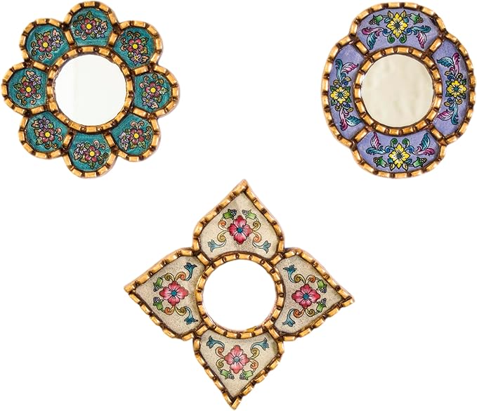 Artisan Handcrafted Wall Mirror Set, 3 Floral Shape Mirrors, Bronze Finish Frame, Turquoise Purple Beige Glass