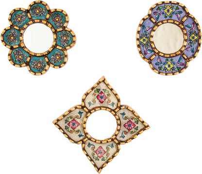Artisan Handcrafted Wall Mirror Set, 3 Floral Shape Mirrors, Bronze Finish Frame, Turquoise Purple Beige Glass