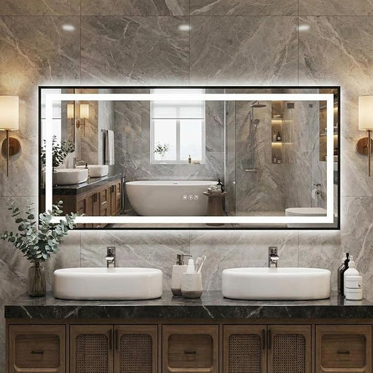 60x30 LED Bathroom Mirror with Lights, Frameless Wall Mounted Vanity Mirror with Front & Backlight, 3-Color Touch Switch, 1.8M Power Cord, Dimmable, for Bathroom