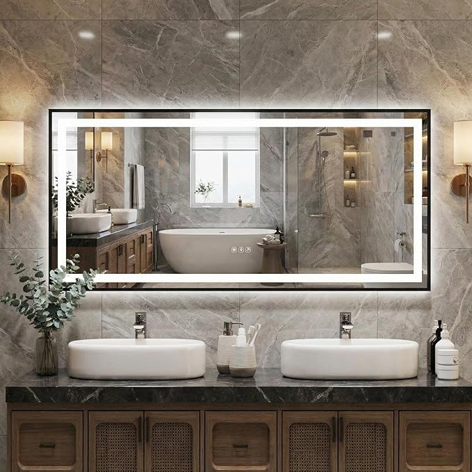 60x30 LED Bathroom Mirror with Lights, Frameless Wall Mounted Vanity Mirror with Front & Backlight, 3-Color Touch Switch, 1.8M Power Cord, Dimmable, for Bathroom