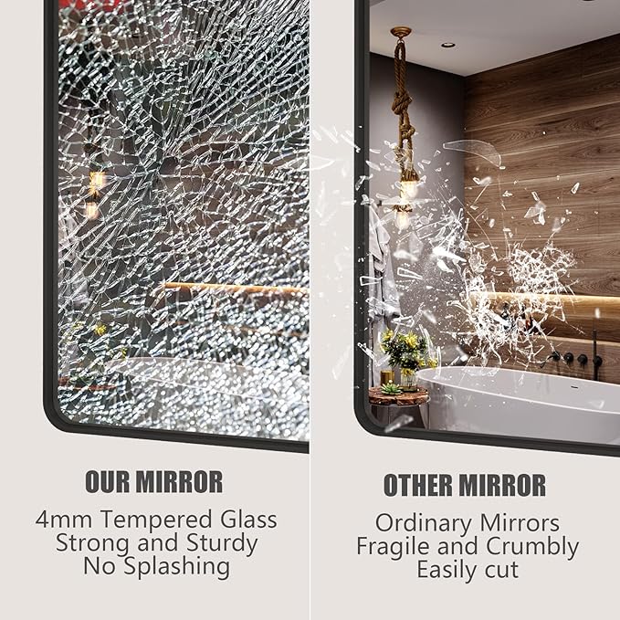 26x36 Inch Black Metal Framed Bathrrom Mirror for Wall, Matte Black Rectangle Mirror, Rounded Corner, Anti-Rust (Horizontal/Vertical)