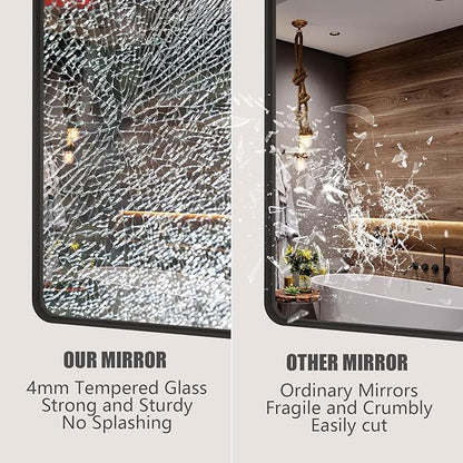 40x32 Black Bathroom Mirror, Matte Framed Bathroom Vanity Mirror for Wall, Modern Rectangle Mirror, Rounded Corners, Tempered Glass (Horizontally/Vertically)