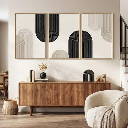 Large Framed Boho Neutral Abstract Wall Art for Living Room, 3 Piece Black and Beige Canvas Prints Artwork for Walls, Modern Minimalist Boho Geometric Wall Art Decor for Hallway Dining Room, 24x36 In