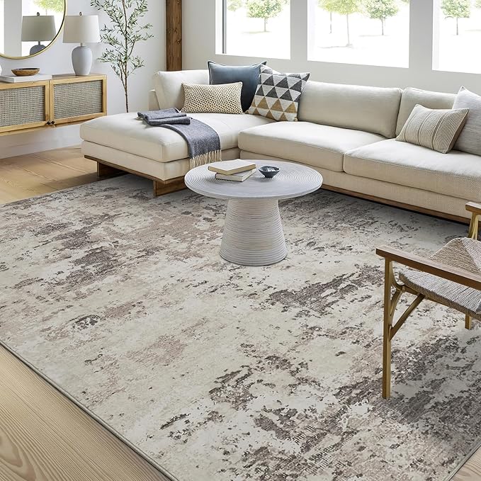 ROYHOME Modern Abstract Area Rug 4x6 Non Slip Non Shedding Rug Low Pile Stain Resistant for Bedroom Living Room,Brown Grey