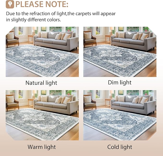 BESTSWEETIE 5x7 Area Rug Washable Rugs for Living Room, No Pile Boho Carpet for Entryway Bedroom Dinning Room, Vintage Carpet Print Distressed Non-Slip, 5 x 7 ft, Blue Grey White