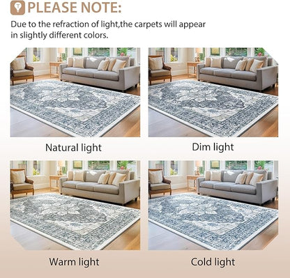 BESTSWEETIE 8ft Area Rug Washable Rugs for Living Room, No Pile Boho Carpet for Entryway Bedroom Dinning Room, Vintage Carpet Print Distressed Non-Slip, 96" Round, Blue Grey White