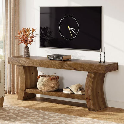63" Solid Wood TV Stand for 55/60/65/75" TVs, Farmhouse TV Console, Low Entertainment Center with Storage for Living Room, Bedroom (Dark Brown)