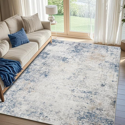 Srugn Washable Rugs 8x10 Area Rugs for Living Room,Modern Abstract Rugs for Bedroom,Large Carpets,Ultra Soft Faux Wool Retro Dining Room Rug,Non Slip&Non-Shedding Low Pile Print Rug- Blue Beige