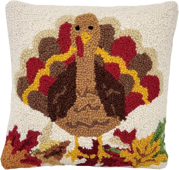 Hand Hooked Thanksgiving Pillow - 12X12 inches Throw Pillow for Couch or Dorm (Turkey)