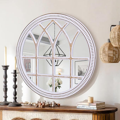 HOITUZYUS 36 Inches Rustic Round Wood Window Mirror, Farmhouse Windowpane Circle Mirrors for Wall Decor, Entryway, Living Room, Bathroom, Bedroom