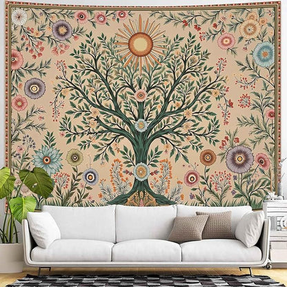 Lunerfex Chakra Tree Wall Tapestry - Celestial Sun & Floral Wall Hanging for Bedroom and Living Room - Boho Spiritual Decor Tapestries 80"x60"