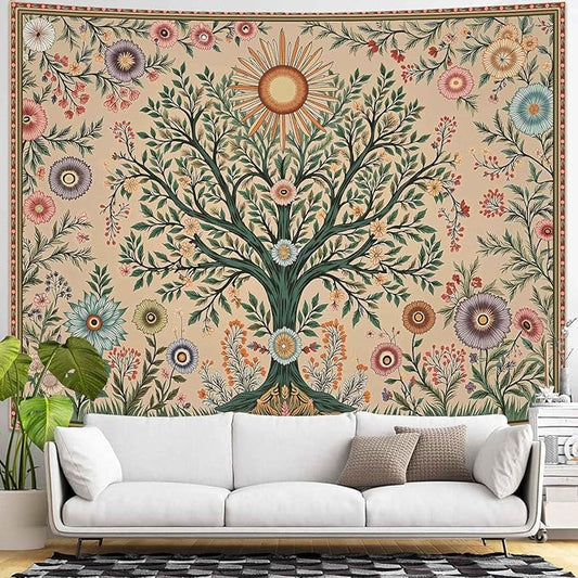 Lunerfex Chakra Tree Wall Tapestry - Celestial Sun & Floral Wall Hanging for Bedroom and Living Room - Boho Spiritual Decor Tapestries 60"x44"