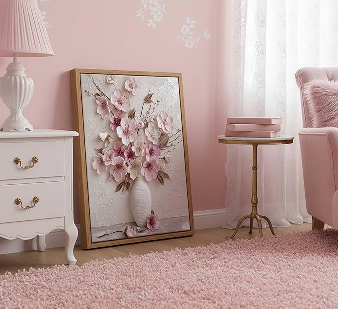 Framed Pink Floral Canvas Wall Art Abstract Flowers Plant Bouquet in Vase Painting Picture Wall Decor Poster Print Artwork for Living Room Bedroom Woman Room Home Decoration