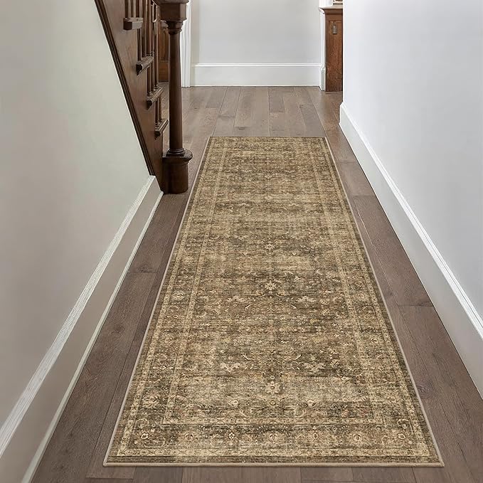 2'6"x8' Brown Runner Rug Hallway Non Slip Washable Area Rugs Kitchen Soft Vintage Boho Long Rug Distressed Floral Carpet Indoor Low Pile Throw Rug for Bedroom Bathroom Laundry Dining Room Office