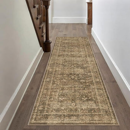 2'6"x8' Brown Runner Rug Hallway Non Slip Washable Area Rugs Kitchen Soft Vintage Boho Long Rug Distressed Floral Carpet Indoor Low Pile Throw Rug for Bedroom Bathroom Laundry Dining Room Office