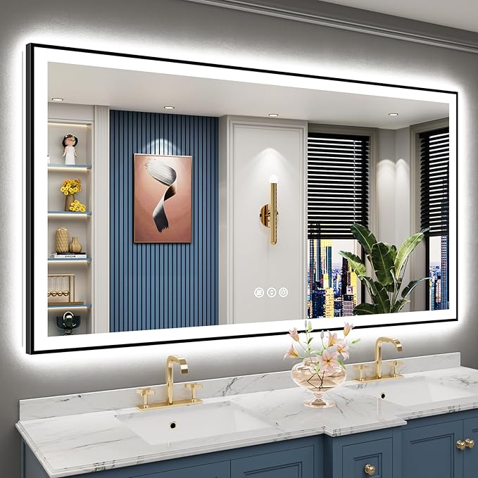 68x38 Black Framed LED Bathroom Mirror with Lights, Backlit and Front Lit Anti-Fog Lighted Vanity Mirrors for Bathroom Wall, Dimmable, 3 Colors, Memory, HD Tempered Glass, Horizontal/Vertical