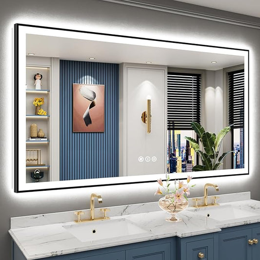 68x38 Black Framed LED Bathroom Mirror with Lights, Backlit and Front Lit Anti-Fog Lighted Vanity Mirrors for Bathroom Wall, Dimmable, 3 Colors, Memory, HD Tempered Glass, Horizontal/Vertical
